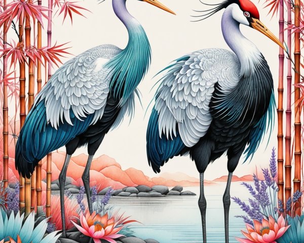 Cranes by Water with Bamboo and Lotus Flowers