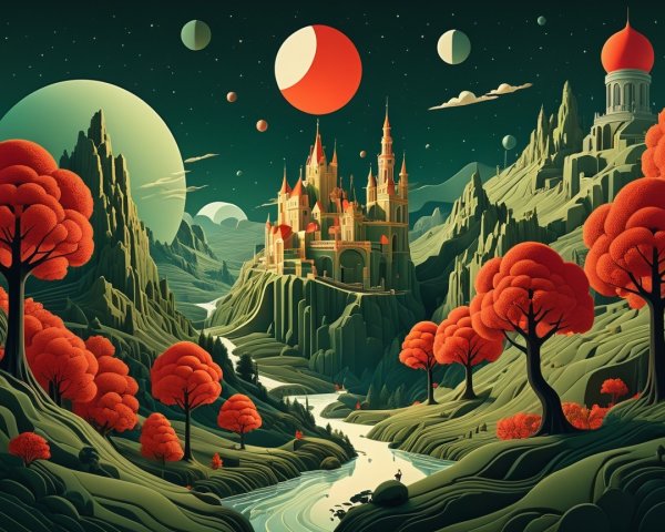 Fantasy Landscape with Castle and Celestial Bodies