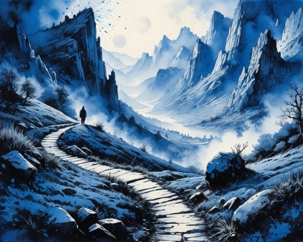 Lone Figure on Winding Path in Ethereal Landscape