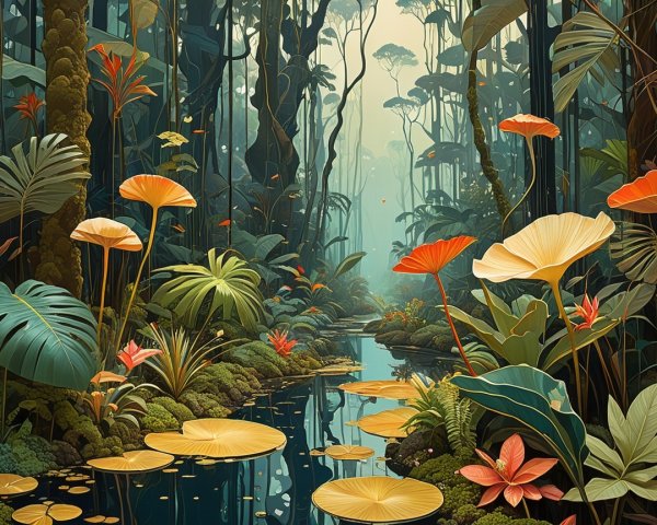 Lush Rainforest Scene with Vibrant Foliage and Waterway
