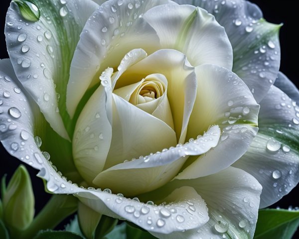 Close-Up of Dewy White Rose with Yellow Center