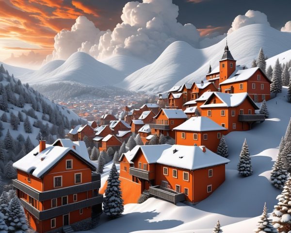 Picturesque Winter Wonderland Landscape with Village and Mountains