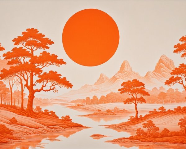 Stylized landscape with vibrant orange sun and river