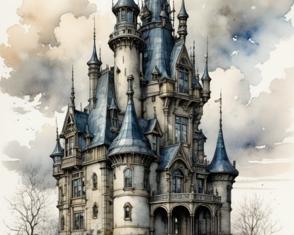 Whimsical castle with spires and autumn gardens