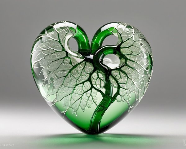 Intricate Heart-Shaped Green Glass Sculpture with Leaves