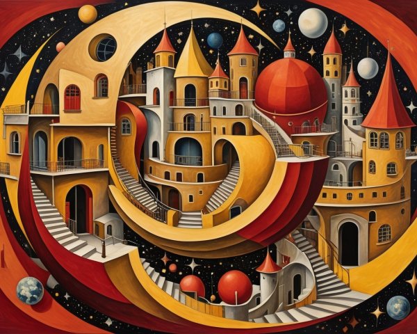 Surreal Landscape with Whimsical Castles and Colors