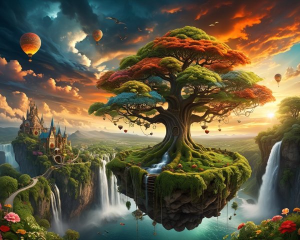 Majestic tree with colorful leaves above waterfalls