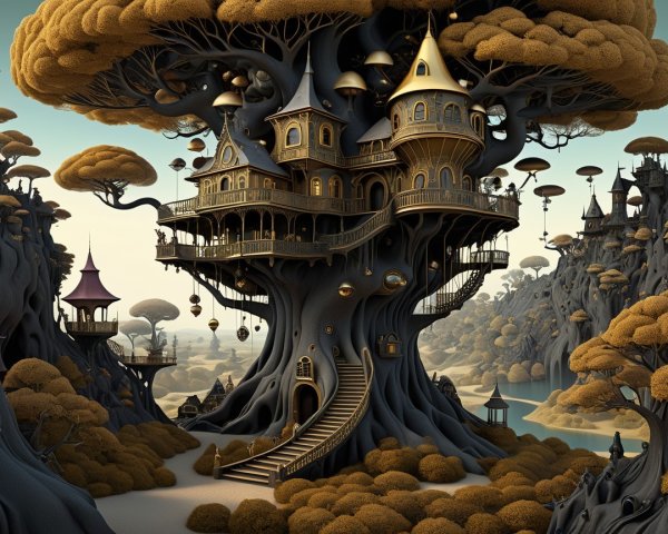 Whimsical Treehouse in a Surreal Landscape Setting