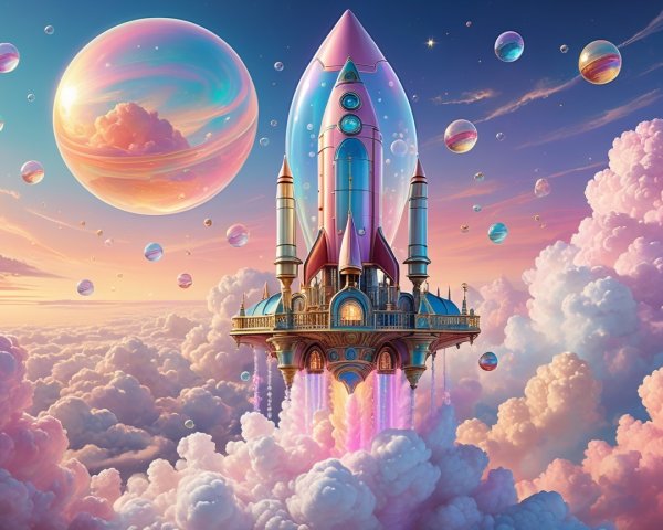 Retrofuturistic Rocket Ship in Dreamy Fantasy Art