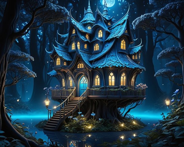 Whimsical Treehouse Glowing Under Full Moonlight