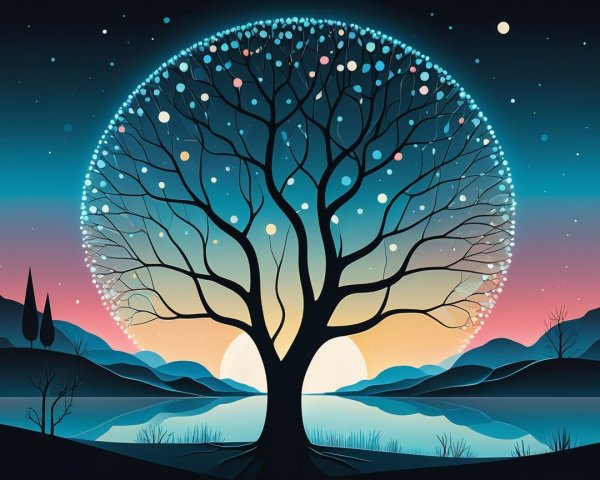 Mystical Evening Scene with Glowing Tree Canopy