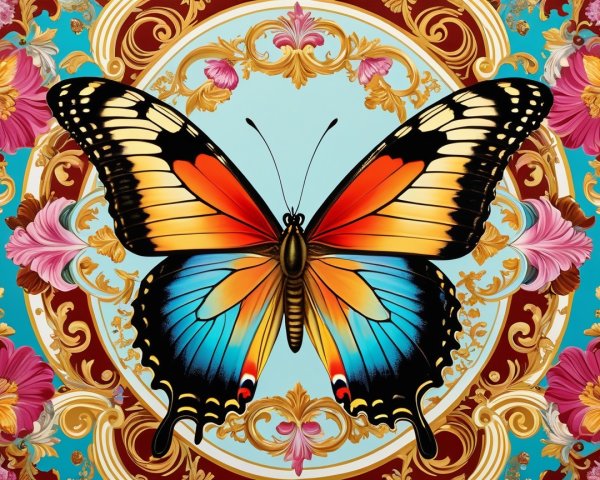 Vibrant Butterfly with Ornate Background Details