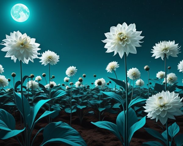 Vibrant White Flowers Bloom Under a Glowing Moon