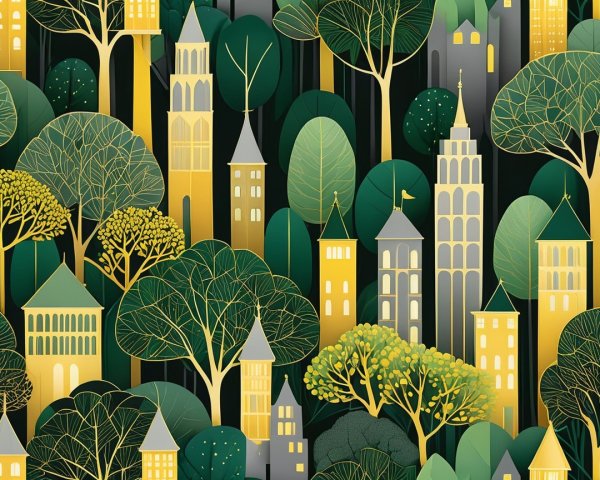 Whimsical cityscape with lush trees and golden foliage