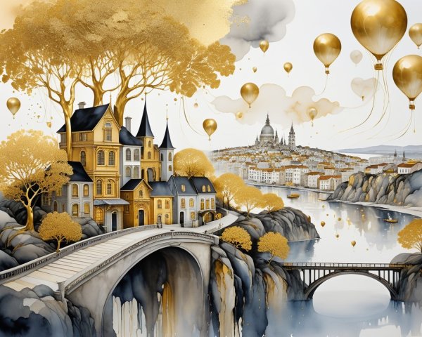 Whimsical Landscape with Golden Mansion and Balloons