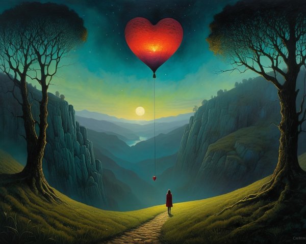 Surreal Landscape with Balloon and Twilight Sky