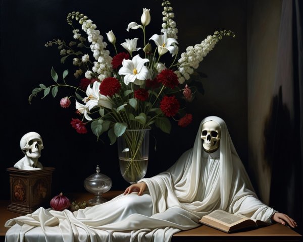 Still Life with Skulls, Flowers, and Open Book