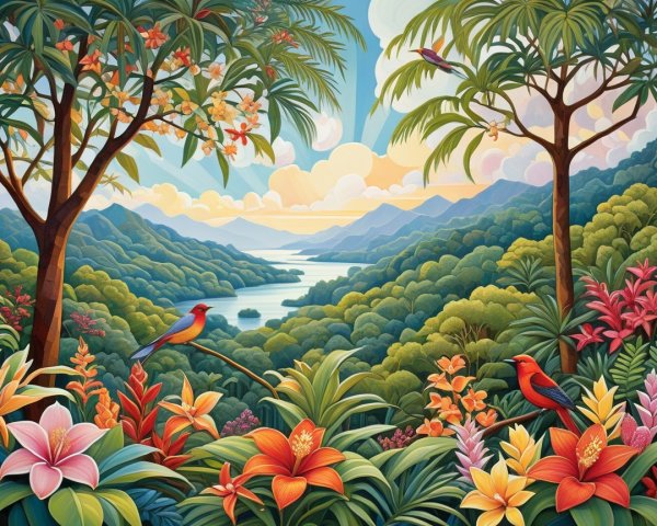 Vibrant Tropical Landscape with Mountains and River