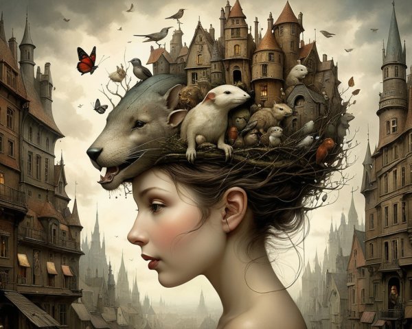 Surreal Scene of Woman with Landscape and Animals
