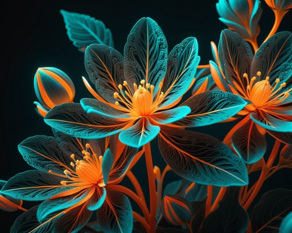Bioluminescent Flowers with Turquoise and Orange Features