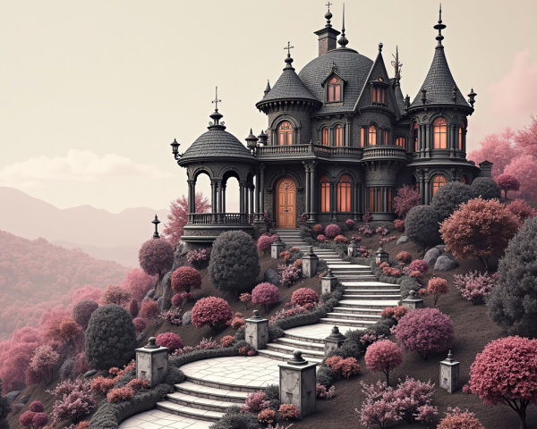 Victorian Gothic Mansion with Turrets and Gardens