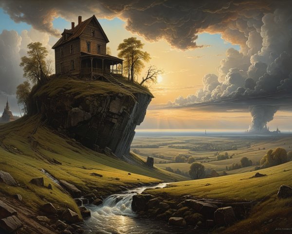 Surreal Landscape with Wooden House on Rocky Outcrop