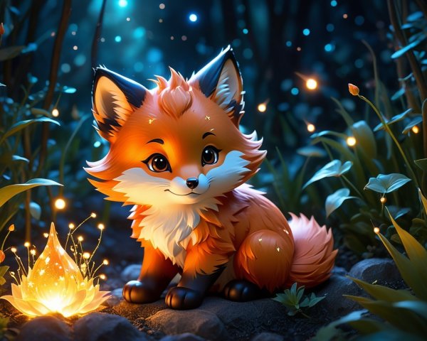Cartoon Fox in Lush Forest with Magical Fireflies