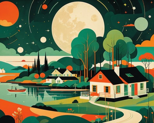 Folk Art Illustration of a Nighttime Rural Landscape