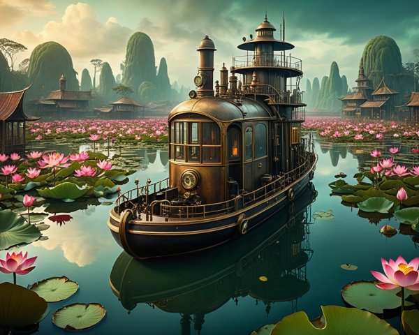 Steampunk Boat in Serene Lotus Flower Landscape