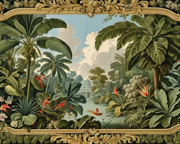 Vibrant Tropical Landscape with Lush Plants and Birds