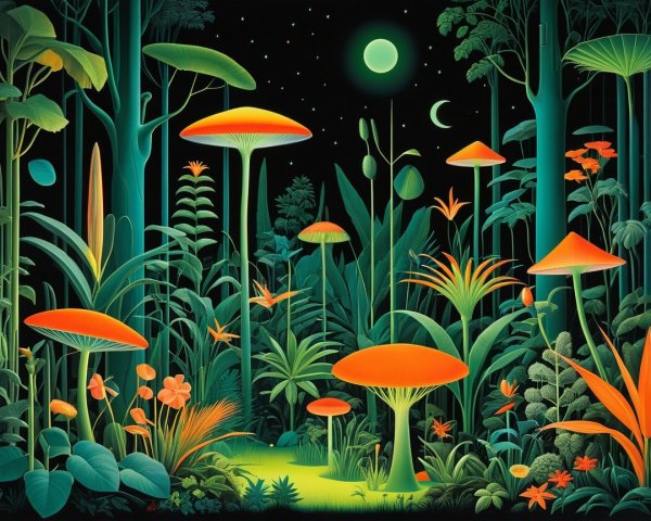 Neon Digital Painting of a Bioluminescent Fungi Forest