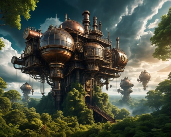 Steampunk Utopia with Metallic Structures and Airships