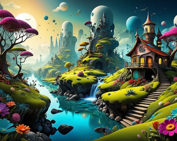 Whimsical Landscape with Vibrant Flowers and Castles