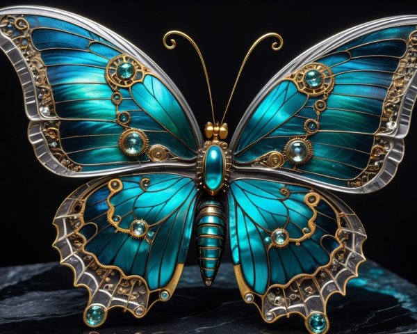 Butterfly sculpture with turquoise wings and gold details