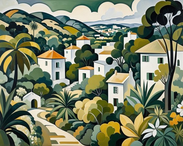 Serene Landscape with Cottages and Lush Greenery