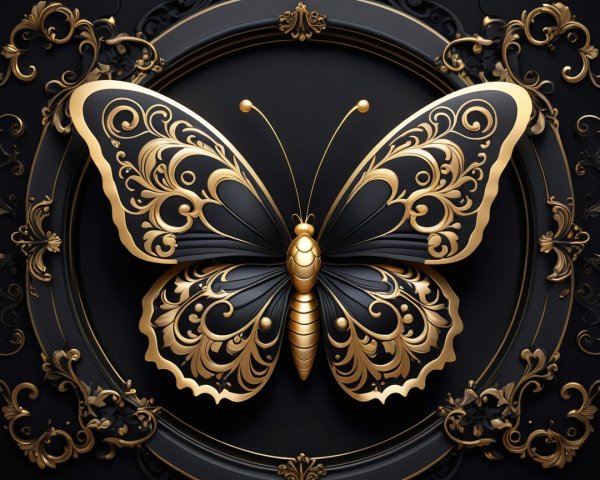 Black and Gold Butterfly with Ornate Filigree Design
