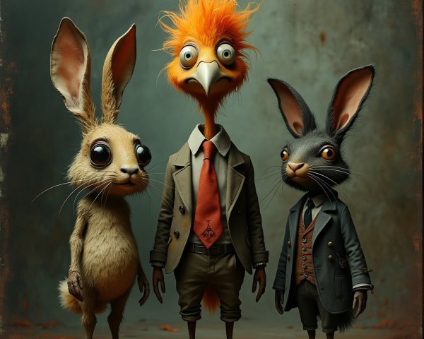 Whimsical Scene with Three Anthropomorphic Characters