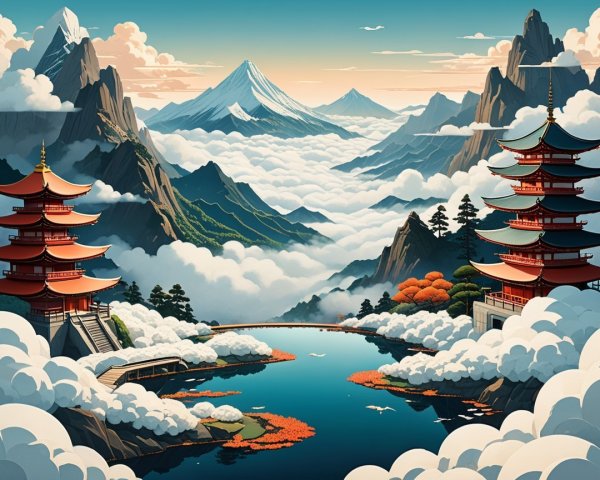 Serene Landscape with Red Pagodas and Mountains