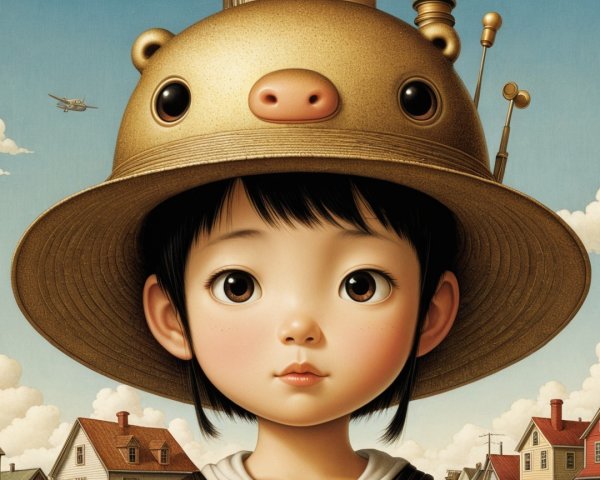 Whimsical Portrait of a Girl with Golden Bear Hat