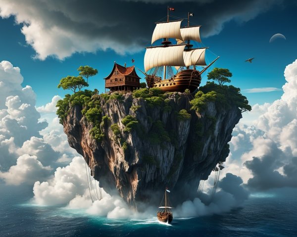 Majestic Ship Above Floating Island with Wooden House