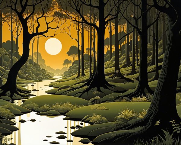 Tranquil Forest Scene at Sunset with Winding Stream