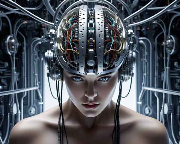 Futuristic Humanoid Figure with Transparent Skull Design