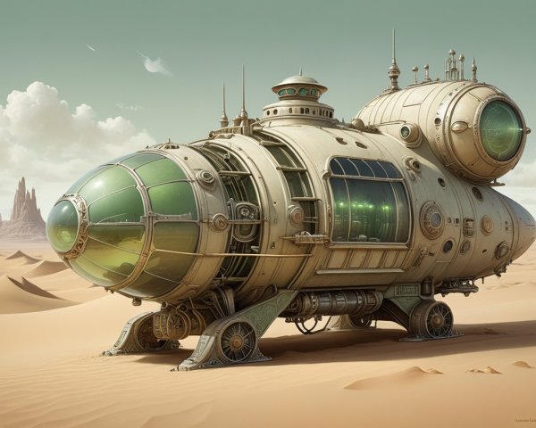 Futuristic spaceship on a desert landscape with rocks