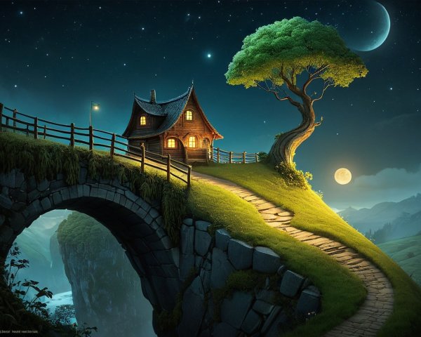 Cozy Cottage on a Hill Under a Starry Night Sky