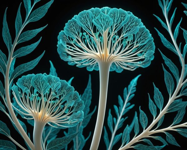 Luminescent fungi-like structures in a dark setting