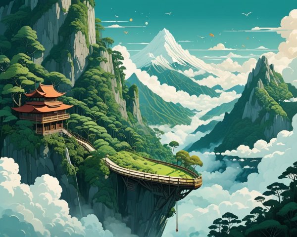 Traditional Asian Pagoda Overlooking Scenic Valley
