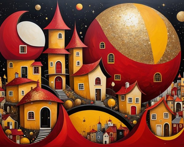 Whimsical Landscape with Colorful Houses and Celestial Elements