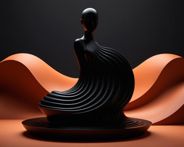 Black Abstract Sculpture of Seated Figure with Orange Waves