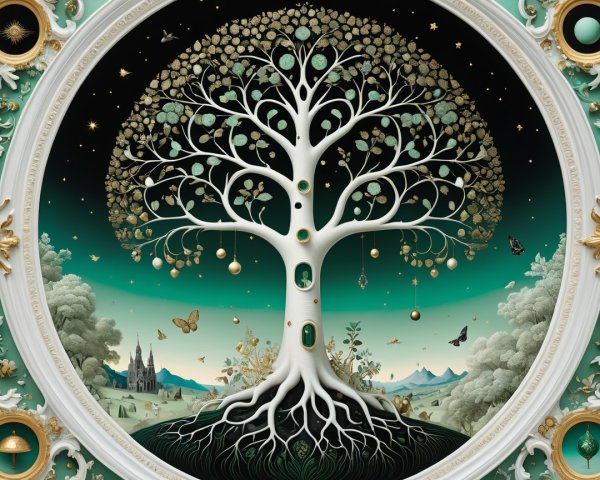 Stylized Tree with Golden Ornaments on Teal Background