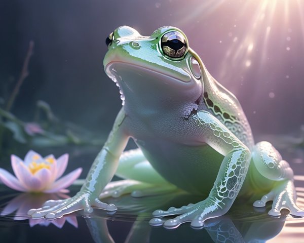 Glossy Green Frog on Lily Pad with Pink Lotus Flower